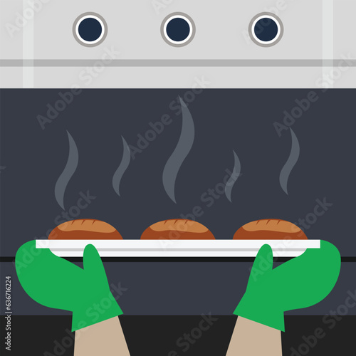 Baking buns in the oven 2d vector illustration concept for banner, website, landing page, flyer, etc