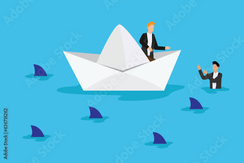 Entrepreneur helps drowning man get on board paper boat 2d vector illustration concept for banner, website, landing page, flyer, etc