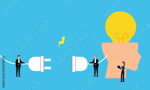 Light bulb lights up as a creative idea, brain charging 2d vector illustration concept for banner, website, landing page, flyer, etc