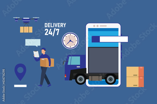 City logistics. Warehouse, truck, forklift, courier, drone and delivery man 2d vector illustration concept for banner, website, landing page, flyer, etc