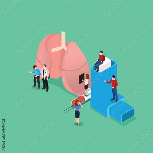 Patient suffering from allergic asthma symptoms. Pneumonia treatment isometric 3d vector concept for banner, website, illustration, landing page, flyer, etc