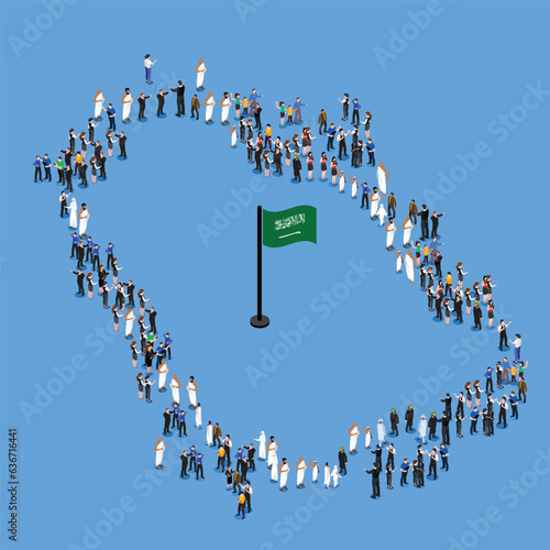 Large group of people in form of Saudi Arabia map isometric 3d vector concept for banner, website, illustration, landing page, flyer, etc
