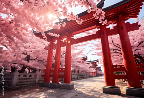 Valokuvatapetti Beautiful red gate and cherry blossom in Kyoto, Japan