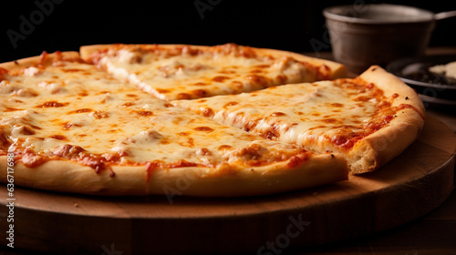 Pizza on a wooden board, close-up, dark background