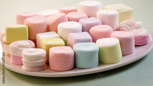 Colorful marshmallows on a white plate, close-up