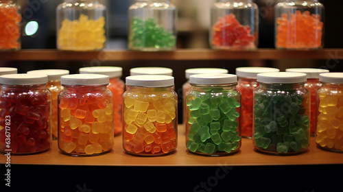 Colorful jelly candies in glass jars on shelf in candy shop