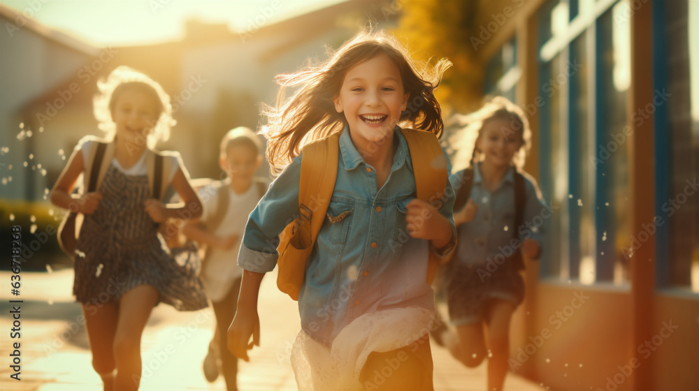 Happy children go to school on 1-st September. Outdoor portrait of smiling kids. Education concept. High key, outdoor. AI-Generated. Happy children go to school on 1-st September. Outdoor portrait of smiling kids. Education concept. High key, outdoor. AI-Generated.