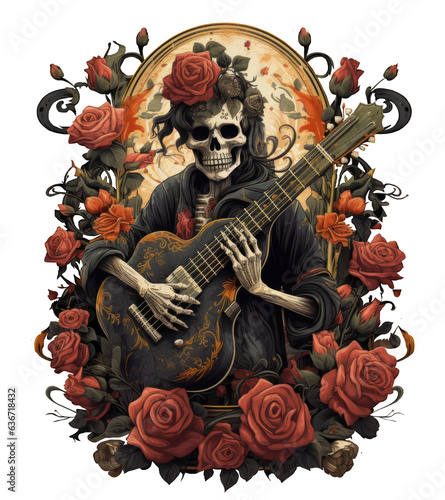 mexican skeleton with roses and guitar