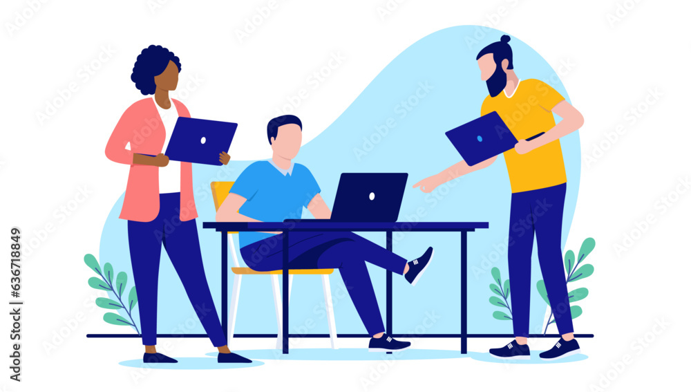 Computer workers - Team of three people working in office on laptops, talking and discussing technology. Flat design vector illustration with white background Computer workers - Team of three people working in office on laptops, talking and discussing technology. Flat design vector illustration with white background