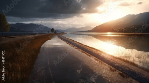 Mountain road at beautiful sunset in Lofoten Islands, Norway. Generative AI