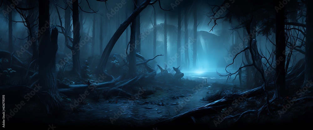 Mysterious dark forest with fog, Halloween concept