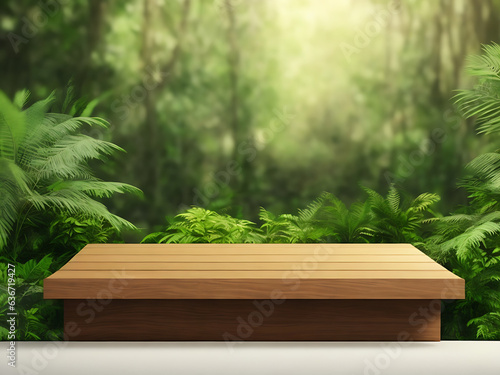 Wooden table platform on blurred tropical forest nature background, product presentation display template