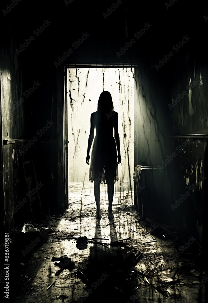 Lonely Girl stands in dark room, in-front of door light, dramatic light, horror movie poster