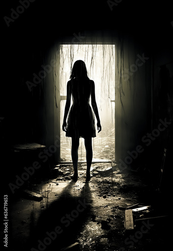 Lonely Girl stands in dark room, in-front of door light, dramatic light, horror movie poster