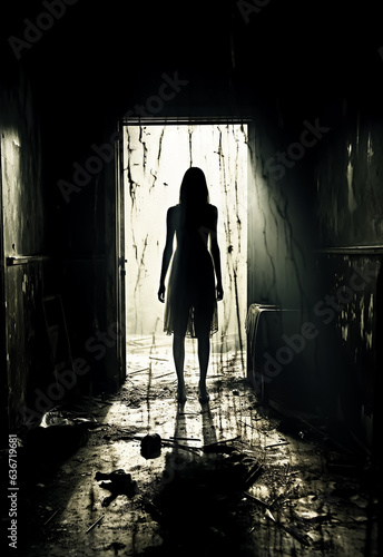 Lonely Girl stands in dark room, in-front of door light, dramatic light, horror movie poster