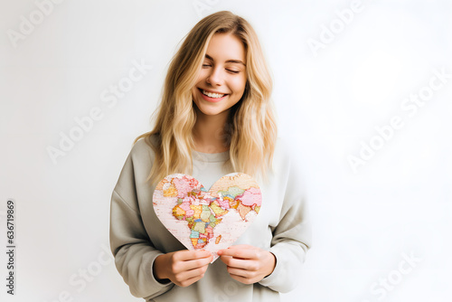 A cheerful portrait of a person holding a heart shaped map