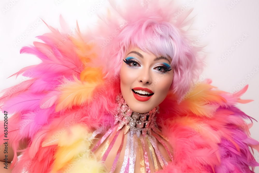 A cheerful portrait of a person in a flamboyant carnival costume