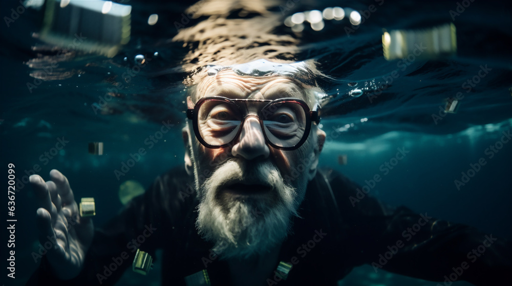 Old man playing and exploring underwater