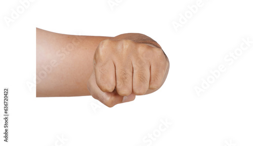 Male asian hand gestures isolated over the white background. Fist.