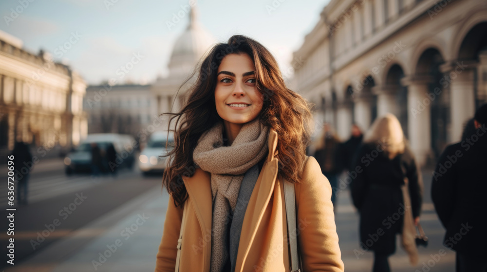 fashion woman, portrait of a woman in winter, urban city background.