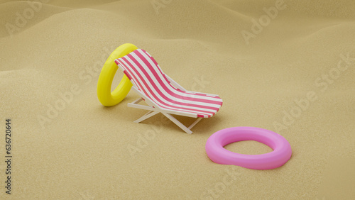 An empty deck chair in red and white stripes stands on the sand. Nearby are two inflatable circles for swimming. 3D visualization.