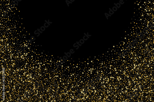 Gold glitter confetti on a black background. Shiny particles scattered  sand. Decorative element. Luxury background for your design  cards  invitations  vector