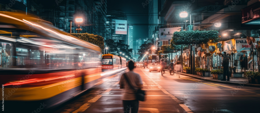 rear view of businessman walking in the street night time with blur motion car transportation and light from urban city building business motion and city lifestyle,ai generate