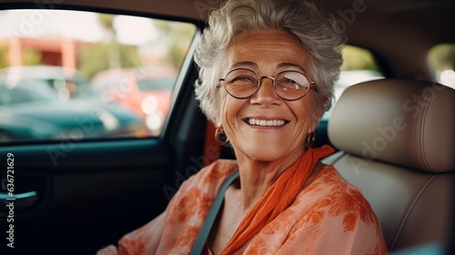 Happy car owner. positive smiling mature woman sitting relaxed in newly bought car looking at the camera smiling joyfully. One old senior driving and having fun.,ai generate