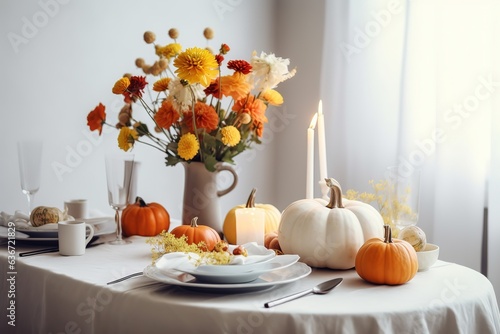 Happy Thanksgiving. Thanksgiving pumpkins and Autumn leaves. Thanksgiving Food Party. Thanksgiving Concept.Thanksgiving Background. Thanksgiving Theme. Generative Ai