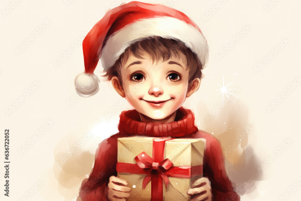 Cute kid boy wearing red sweater and santa hat holding gift box. Cute kid boy wearing red sweater and santa hat holding gift box.