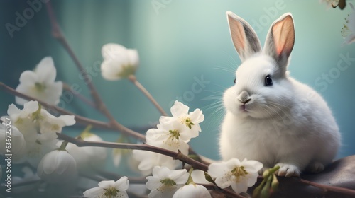 White rabbit with flower branch, cute bunny, rabbit background