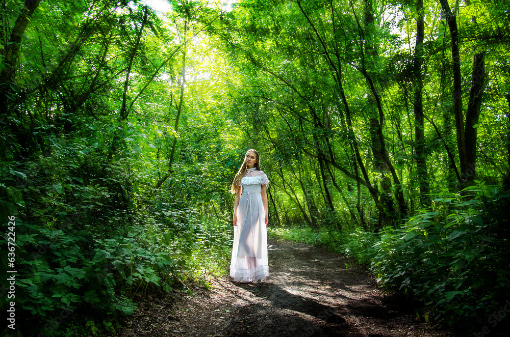 Girl in a long transparent white dress in the forest in the rays of the sun. Soft focus. Girl in a long transparent white dress in the forest in the rays of the sun. Soft focus.
