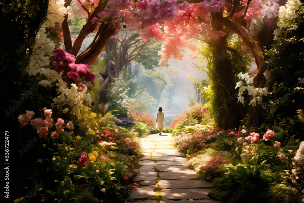 A peaceful garden with winding pathways and blooming flower
