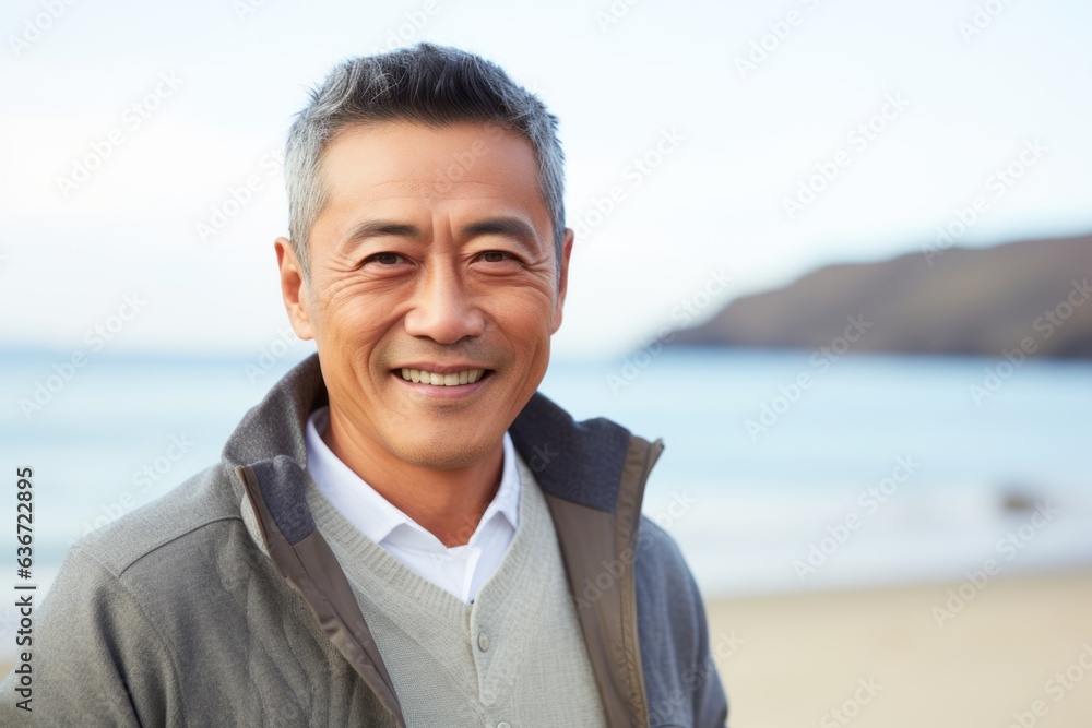 Medium shot portrait of a Chinese man in his 40s in a beach background wearing a chic cardigan Medium shot portrait of a Chinese man in his 40s in a beach background wearing a chic cardigan