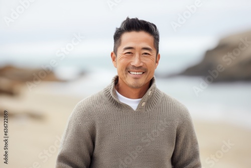 Medium shot portrait of a Chinese man in his 40s in a beach background wearing a cozy sweater