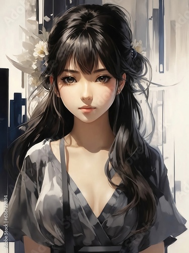 Portrait of a beautiful anime young girl with flying hair on the street Generative AI © Big