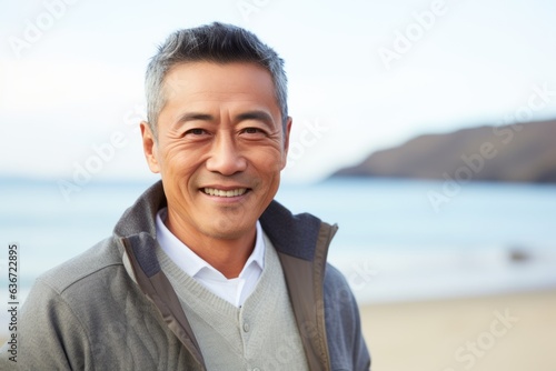 Medium shot portrait of a Chinese man in his 40s in a beach background wearing a chic cardigan