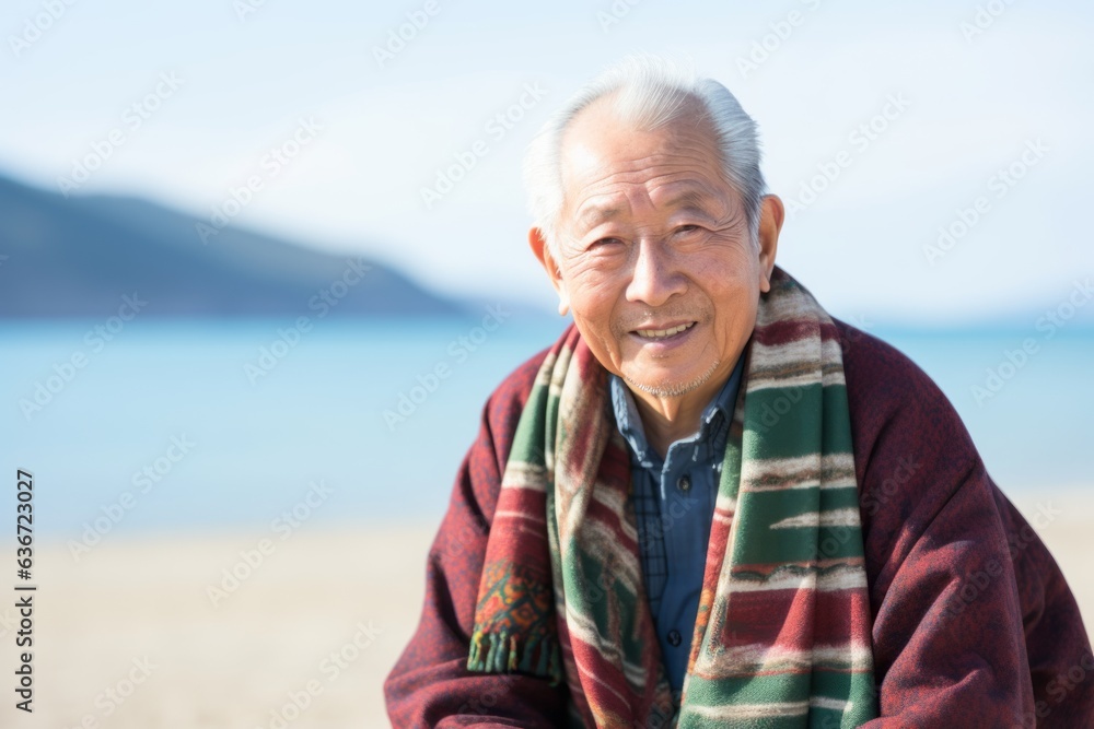 Group portrait of a Chinese man in his 90s in a beach background wearing a foulard Group portrait of a Chinese man in his 90s in a beach background wearing a foulard