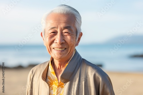 Group portrait of a Chinese man in his 90s in a beach background wearing a foulard