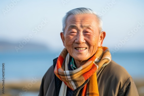 Medium shot portrait of a 100-year-old elderly chinese man in a beach background wearing a foulard