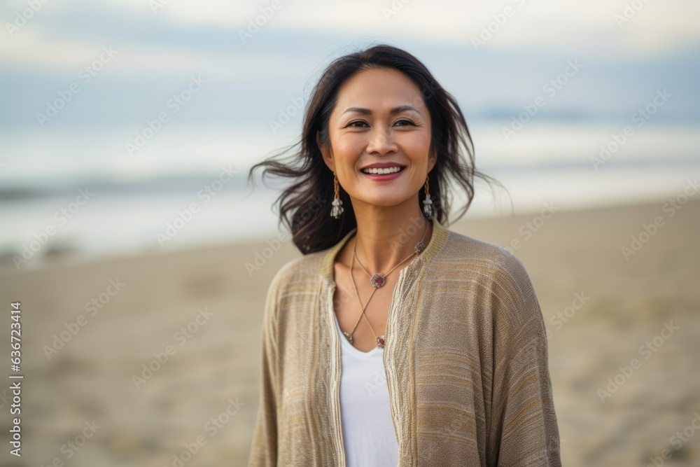 Group portrait of a Indonesian woman in her 40s in a beach background wearing a chic cardigan Group portrait of a Indonesian woman in her 40s in a beach background wearing a chic cardigan