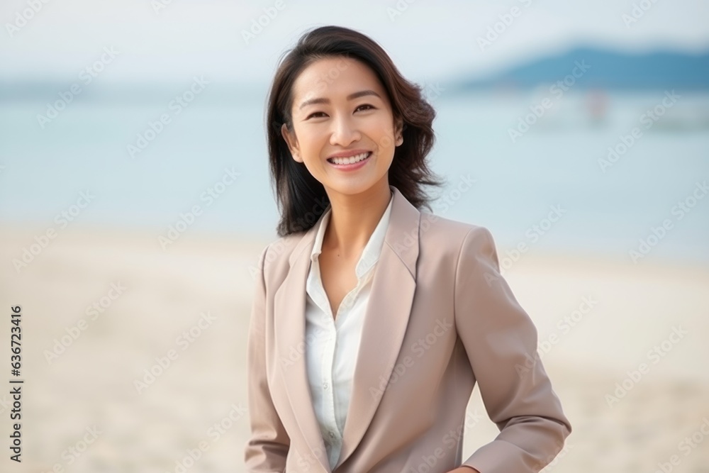 Medium shot portrait of a Indonesian woman in her 40s in a beach background wearing a classic blazer Medium shot portrait of a Indonesian woman in her 40s in a beach background wearing a classic blazer