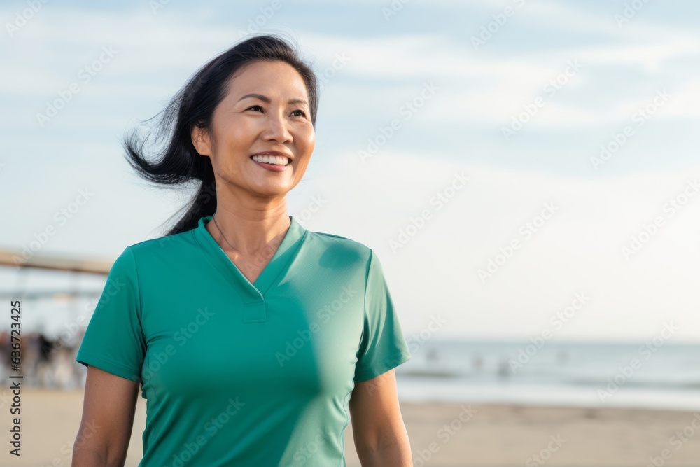Lifestyle portrait of a Indonesian woman in her 40s in a beach background wearing a sporty polo shirt Lifestyle portrait of a Indonesian woman in her 40s in a beach background wearing a sporty polo shirt