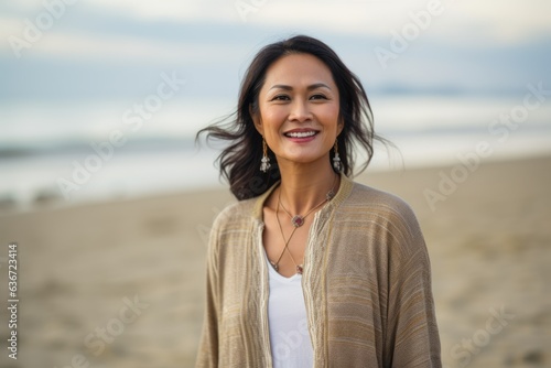 Group portrait of a Indonesian woman in her 40s in a beach background wearing a chic cardigan