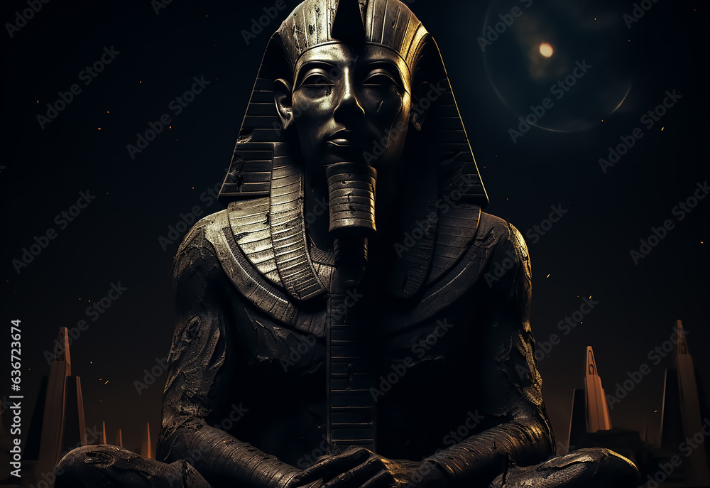 Egyptian pharaoh Sphinx statue in black marble at night in front of ...