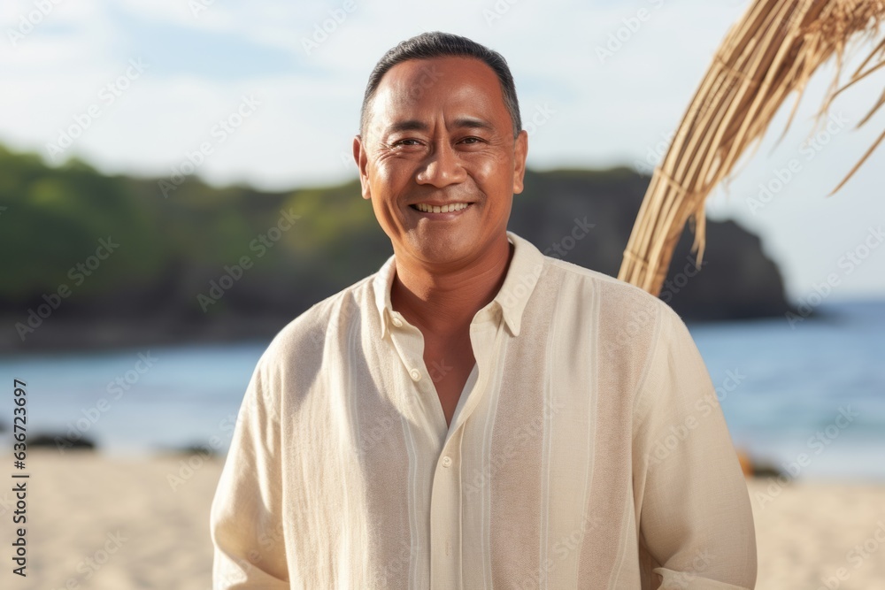 Medium shot portrait of a Indonesian man in his 50s in a beach background wearing a chic cardigan Medium shot portrait of a Indonesian man in his 50s in a beach background wearing a chic cardigan