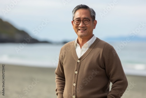 Medium shot portrait of a Indonesian man in his 50s in a beach background wearing a chic cardigan © Leon Waltz