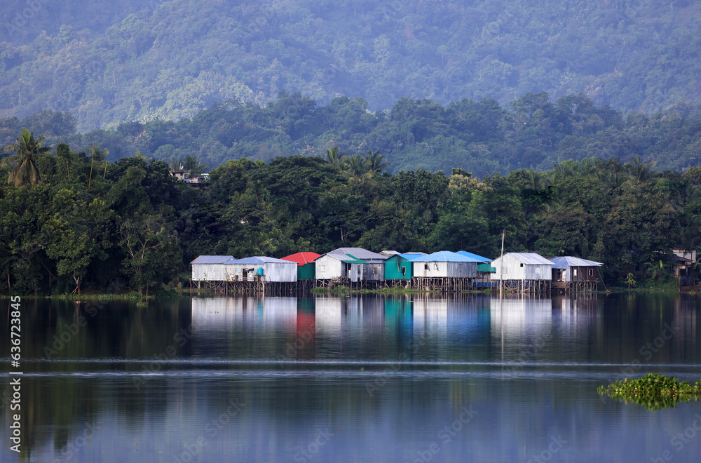 Houses in Rangamati.rangamati is the administrative headquarter and town of rangamati hill district in the Chittagong hill tracts of Bangladesh.  - obrazy, fototapety, plakaty 