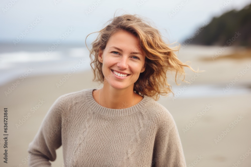 Group portrait of a Russian woman in her 30s in a beach background wearing a cozy sweater