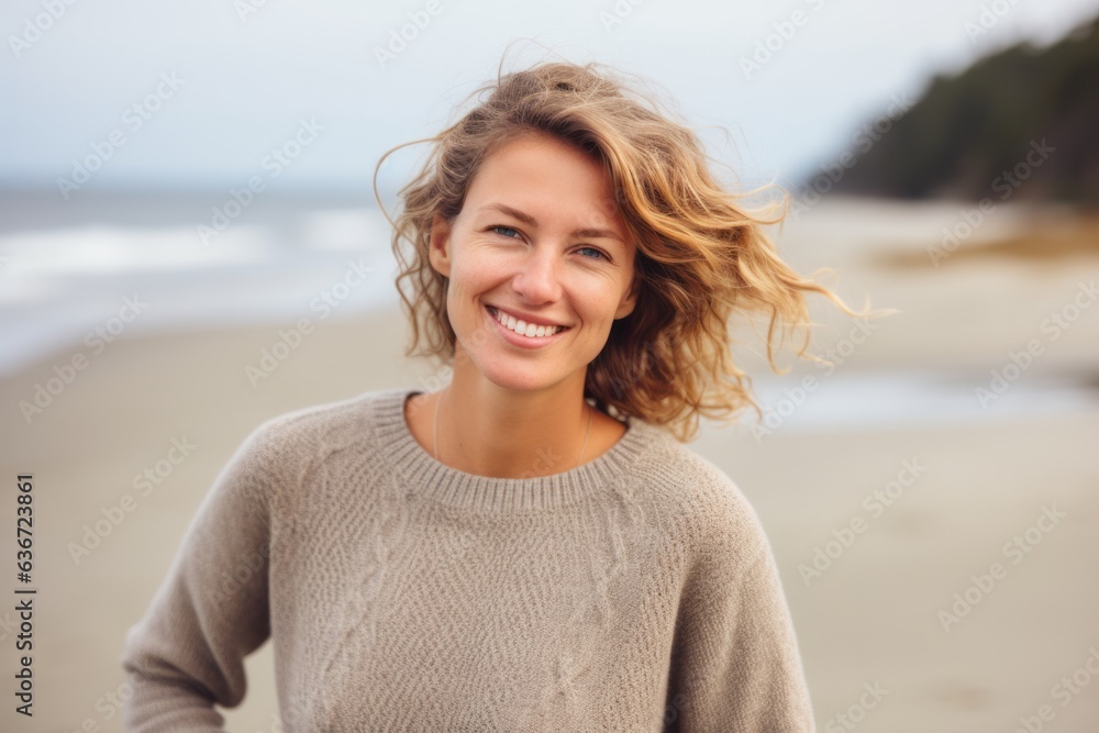 Group portrait of a Russian woman in her 30s in a beach background wearing a cozy sweater Group portrait of a Russian woman in her 30s in a beach background wearing a cozy sweater